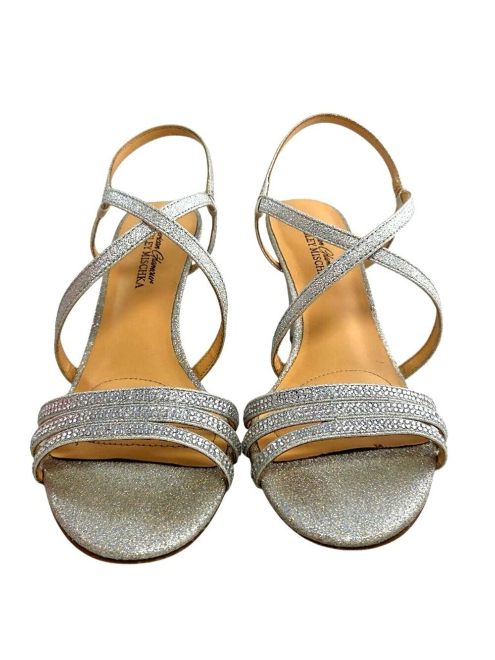American Glamour by Badgley Mischka Silver Rhinestone Strappy Wedge Sandals 8